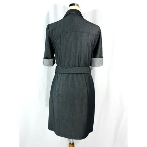Sharagano Petite Zip Front Belted Pockets Chambray Shirtwaist Dress 4P 70s Style - Picture 7 of 11